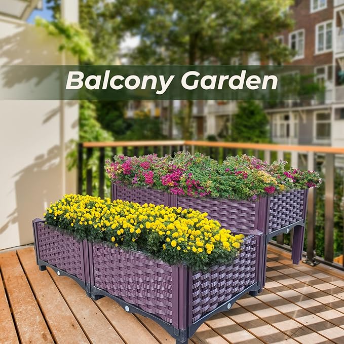 Doppy Plastic Raised Garden Bed Set of 4, Garden Bed Planter Kit for Outdoor Indoor Plants Elevated Garden Boxes Plant pots for Vegetables, Standing Garden Container for Backyard, Patio