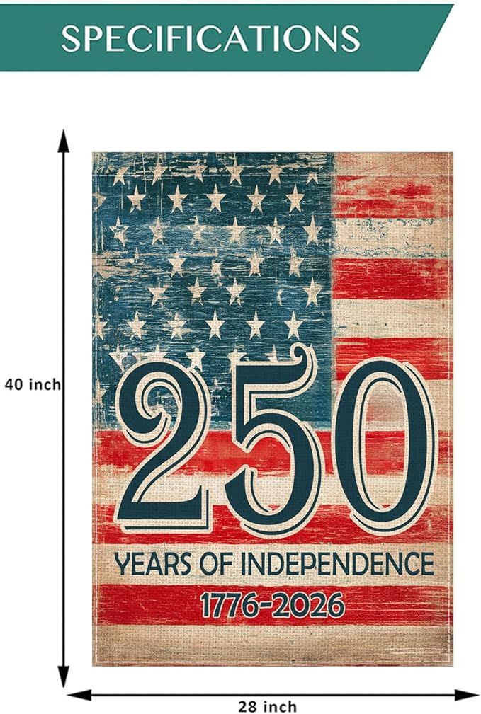 Vintage American Flag 250 Years House Flag 28x40 Inch, Double-Sided Patriotic Independence Banner 1776-2026, Burlap Outdoor Flag for Porch Yard Garden USA Decor