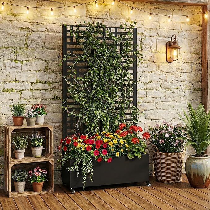 Metal Planter with Trellis & Wheels 70.87x35.43x15.75 Inch Raised Garden Bed with Trellis Privacy Planters for Patio Garden Bed for Climbing Plants