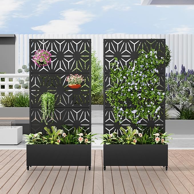 Casaphoria 72"x35" Metal Raised Garden Bed with Trellis(2 Pack), Outdoor Planter Box with Wheels & Drainage Holes for Climbing Plants, Flowers, Elevated Garden Kit with Privacy Screen, Black-Star