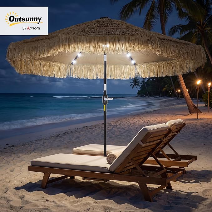 Outsunny 9 ft Hula Thatched Tiki Patio Umbrella with LED Solar Light, Tropical Hawaiian Style Outdoor Umbrella with Crank, Tilt, UPF30+, for Garden, Backyard, Deck, Pool, Khaki
