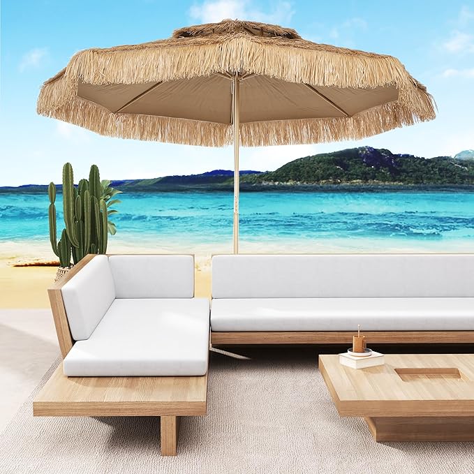 Outsunny 10FT Hula Thatched Tiki Patio Umbrella, 2-Tier Tropical Hawaiian Style Outdoor Umbrella with 8 Ribs, UPF30+, for Garden, Backyard, Deck, Pool, Natural