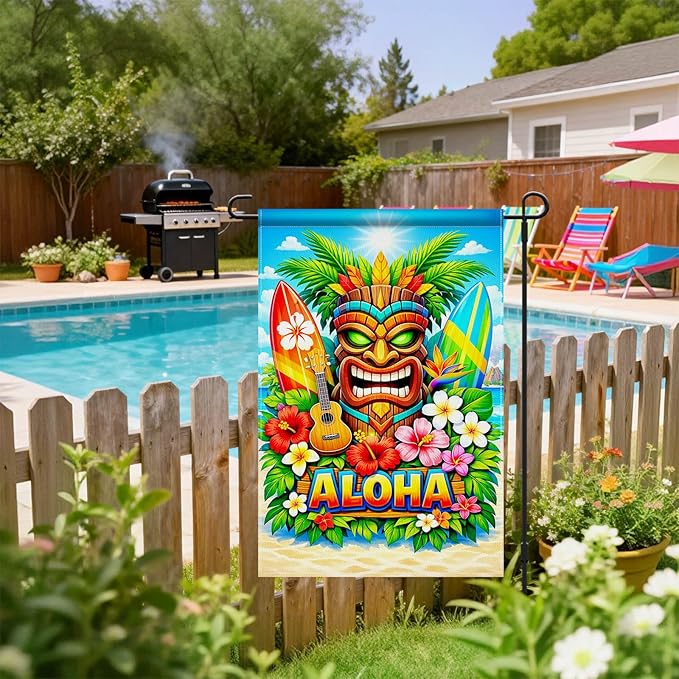 IVN Tropical Tiki Aloha Garden Flag 12x18 Burlap Tiki Mask Palm Leaves Sunshine Beach Ocean Surfboards Hibiscus Flowers Double Sided Summer Outdoor Yard House Flag for Outside Home Front Door Lawn Porch Patio Welcome Summer Decor