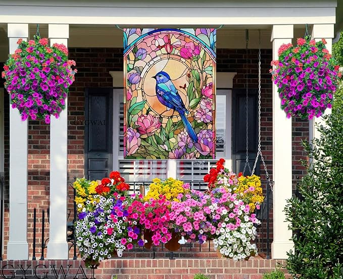 Stained Glass Hummingbird Garden Flags for Outside Spring Summer House Flag Flowers Large Burlap Yard Flag 28x40 Inch Double Sided Seasonal Outside Decoration