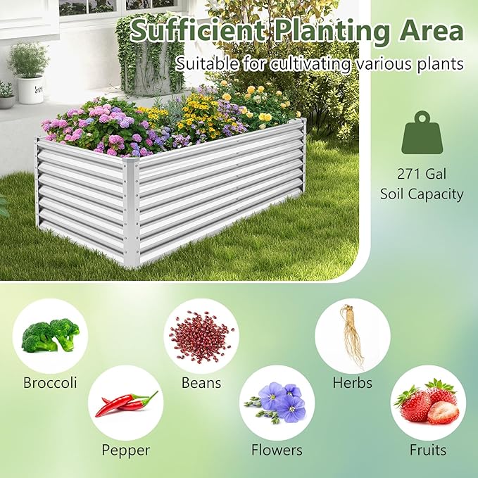 Giantex 6x3x2ft Raised Garden Bed, Large Metal Elevated Rectangular Planter Bed, 271 Gallon Capacity, Outdoor Planting Garden Box for Vegetable Flower Herb Grow (Silver)