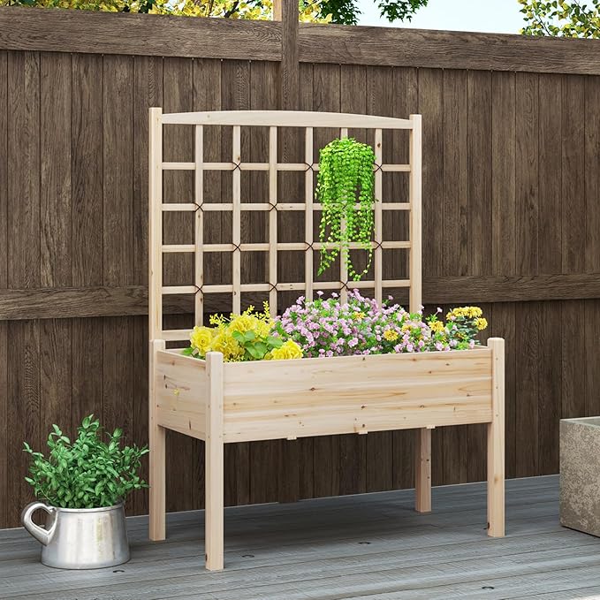 HAPPYGRILL Raised Garden Bed with Lattice Trellis, 4 Drainage Holes, Wooden Elevated Planter Box with Legs for Climbing Vine, Hanging Small Flower Baskets, Outdoor Gardening Planter for Patio Balcony