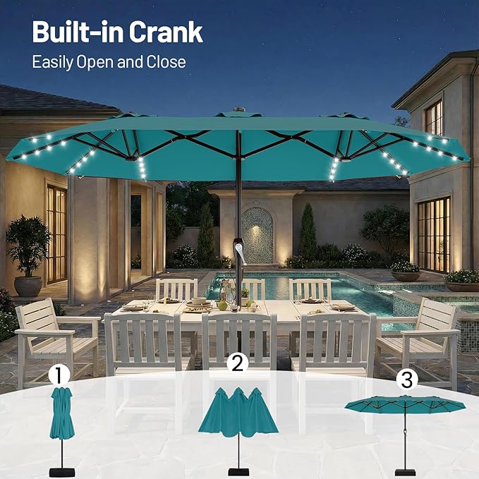 AreShark 15FT Patio Umbrella with Solar Lights, Double Sided Outdoor Table Umbrellas with Crank, Large Rectangular Market Umbrella for Porch, Lawn, Pool, Backyard, Lake Blue