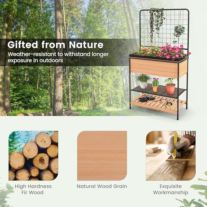 Giantex Raised Garden Bed with Trellis, Elevated Wood Metal Planter Box with 2-Tier Storage Shelves, Grid Divider, Drain Hole & Black Liner, Freestanding Garden Planter for Herb Vegetable Fruit Flower