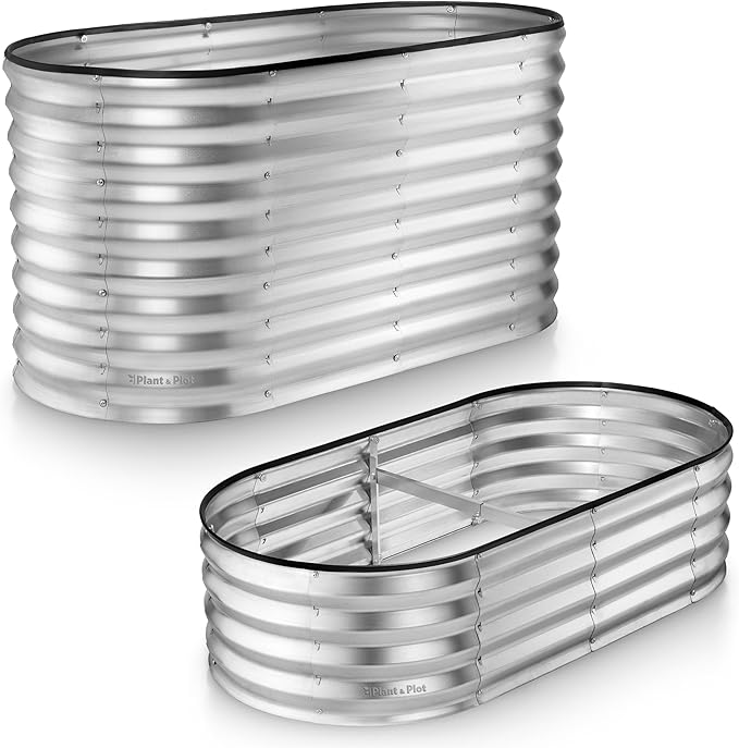 Plant & Plot Galvanized Raised Garden Beds Outdoor // 4×2×1 and 4×2×2 ft Planter Raised Beds for Gardening, Vegetables, Flowers // Large Metal Garden Box (Silver) // Patent Pending Tool-Free Assembly