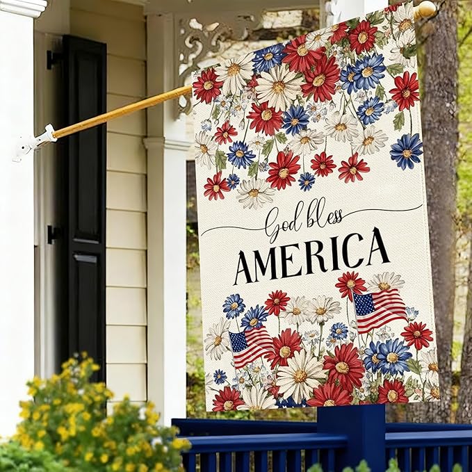 Baccessor Patriotic House Flag 28 X 40 Inch, Double Sided Burlap 4th of July Memorial Day Flowers Welcome Large Yard Flag for Porch Patio Summer Holiday Outdoor Outside Decor