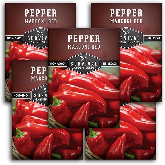 Marconi Red Pepper Seeds for Planting | Sweet Italian Heirloom Non-GMO Peppers for Roasting or Eating Fresh – Survival Garden Seeds (5 Packs)