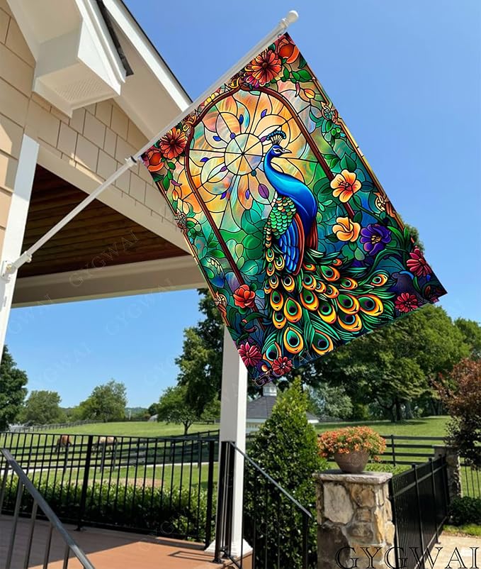 Stained Glass Peacock Garden Flag Spring Summer House Flag Double Sided 28x40 Inch, Outdoor Decorative Flag for Yard Lawn and Patio