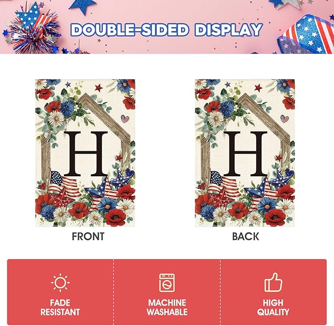 AVOIN colorlife Initial Letter H Monogram Patriotic Garden Flag 12x18 Inch Double Sided Outside, 4th of July Memorial Day Floral Family Last Name Yard Outdoor Decoration