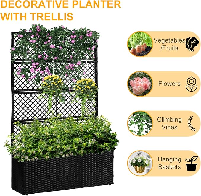 SUNNYPARK 52’’ H Garden Planter Box with Trellis Outdoor for Vine Climbing Plants, Flowers Handwoven Rattan Garden Bed with Removable Liners for Backyard Patio Balcony