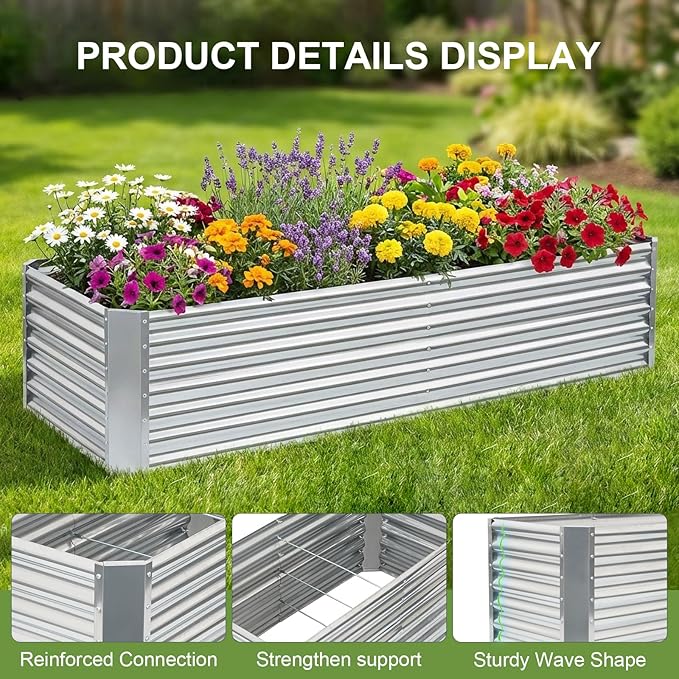 8x2x1.86ft Raised Garden Bed - Galvanized Deep Root Planter Boxes Outdoor with Wing Nuts and Safety Edges for Gardening Vegetables, Flowers, Herbs, Succulents - Silver