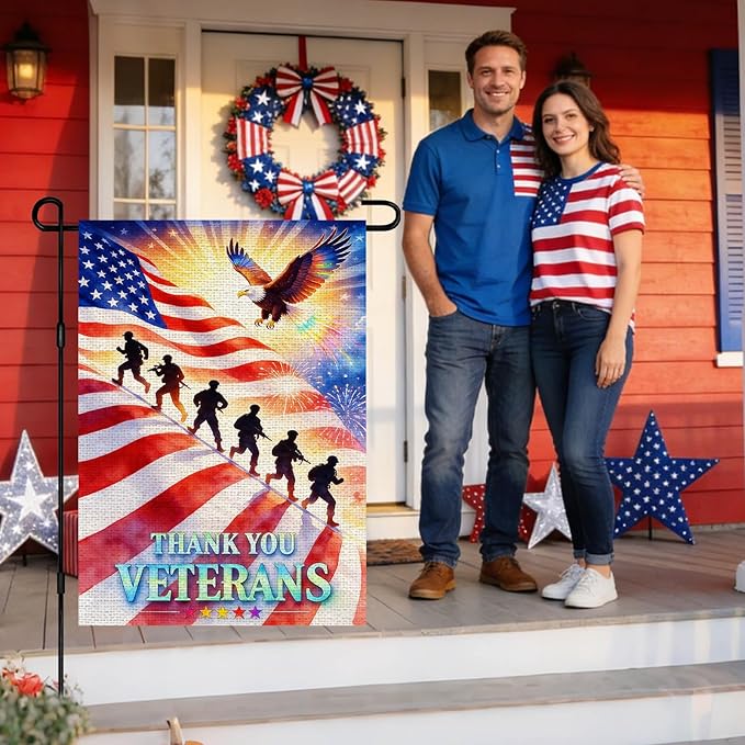 IVN Thank You Veterans Eagle American Flag Garden Flag 12x18 Burlap Thank You Veterans Soldier Silhouettes Fireworks Sunrise Rays Stars Stripes Double Sided Patriotic Outdoor Yard House Flag for Outside Home Front Door Lawn Porch Patio Memorial Day Decor