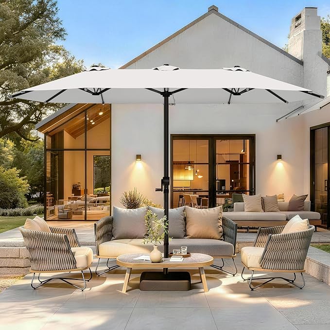 15FT Large Patio Umbrella with Base Included, Outdoor Deck Standing Umbrella with Crank Handle, Double-Side Rectangular Pool Umbrella for Outside, Market, Patio, Light Gray