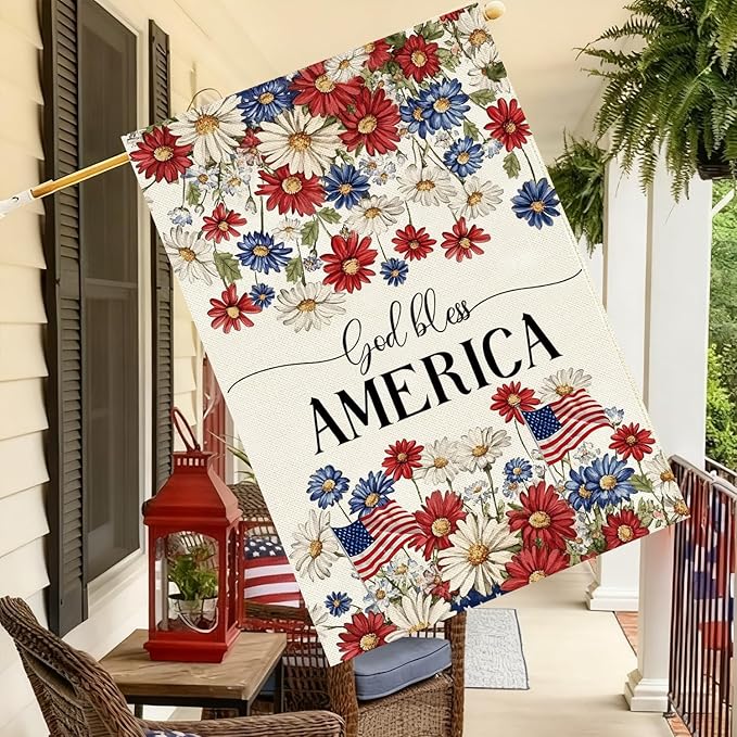 Baccessor Patriotic House Flag 28 X 40 Inch, Double Sided Burlap 4th of July Memorial Day Flowers Welcome Large Yard Flag for Porch Patio Summer Holiday Outdoor Outside Decor