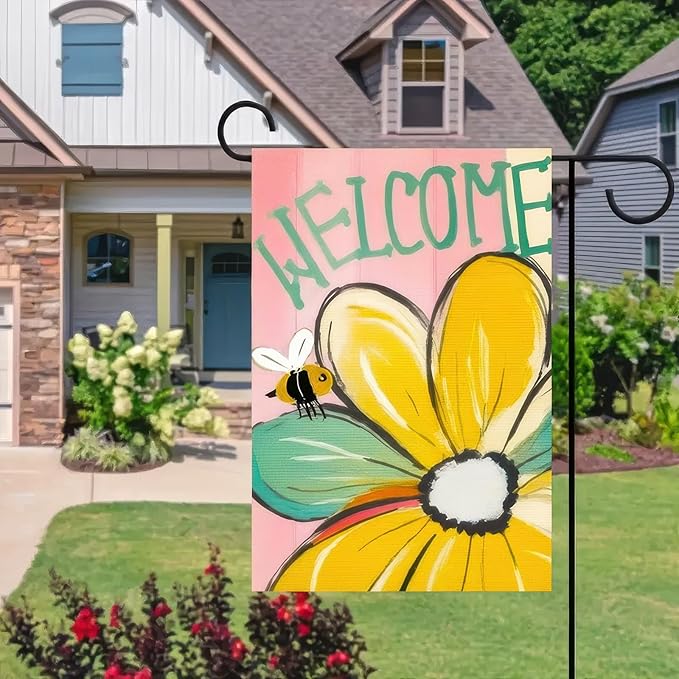 BlissYard Summer Welcome Garden Flag Double Sided 12x18 Inch Bee Flower Yard Flag for Outside Spring Summer Outdoor Decor Porch Patio Lawn Garden Decorations