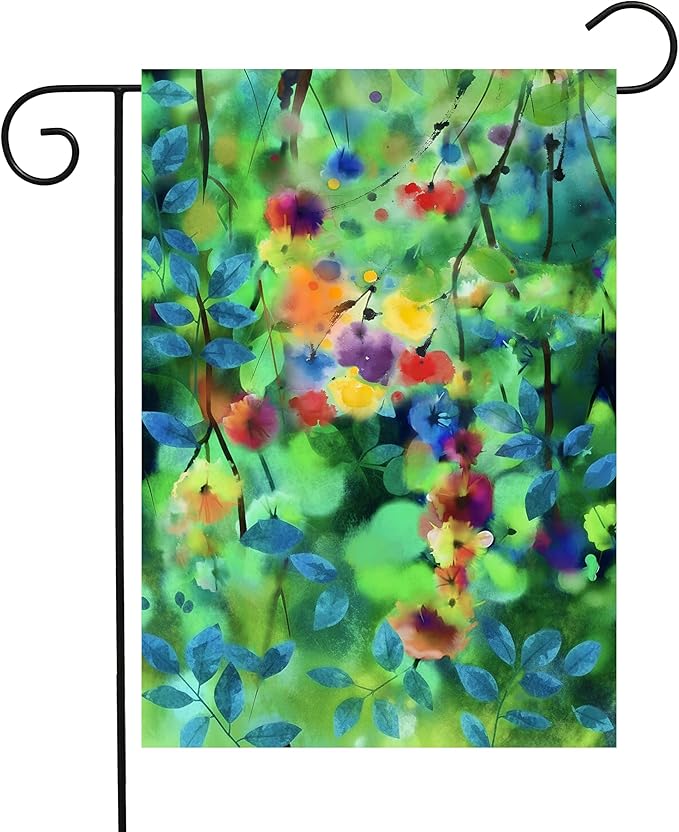 Watercolor Abstract Spring Seasonal Green Floral Leaves Flowers Nature Garden Yard Flag 12"x 18" Double Sided Polyester Welcome House Flag Banners for Patio Lawn Outdoor Home Decor