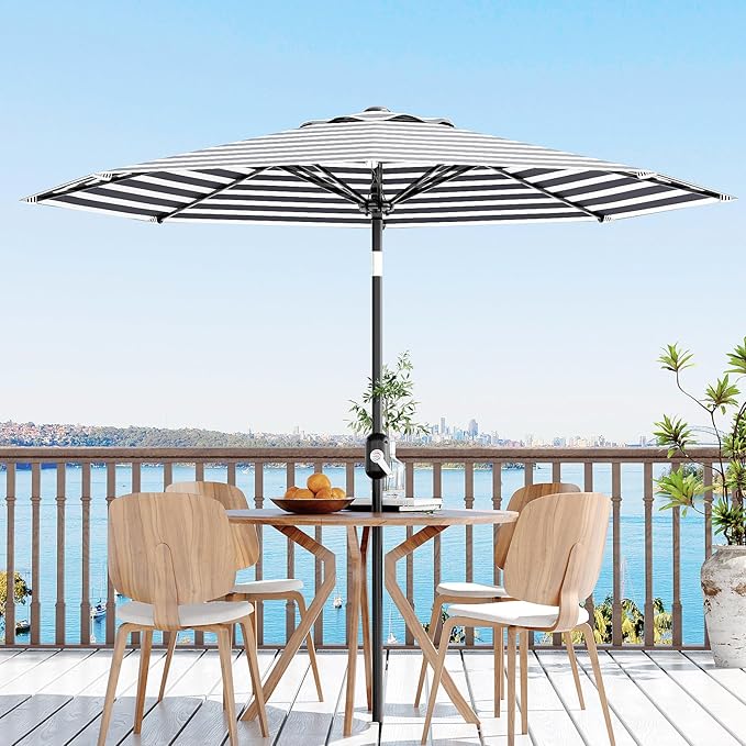 GarveeLife 9FT Patio Umbrella Outdoor, Table Umbrella with Push Button Tilt and Crank, 8 Sturdy Ribs UV Protection Waterproof for Garden, Pool, Market, Deck (Black & White Stripe)