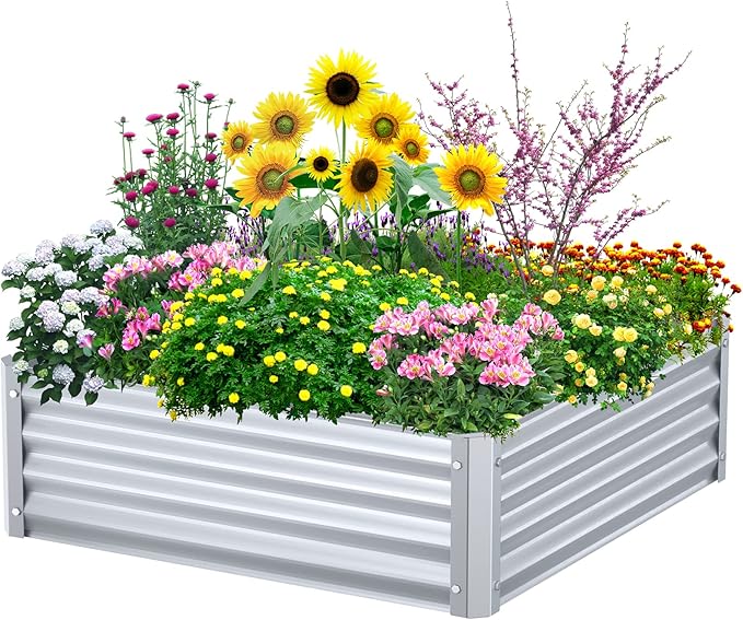 Highpro Raised Garden Beds 3×3×1ft Galvanized Metal Planter Boxes for Herbs Vegetables, Flowers and Succulents Silver