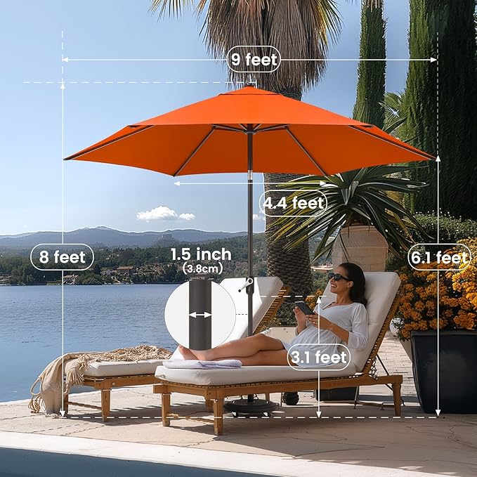 CROWN SHADES 9 Ft Patio Umbrella - Polyester Outdoor Umbrella with 30° Push Button Tilt, Patented Edge Connection Windproof Design for Patio, Pool, Garden & Table, UV Resistent