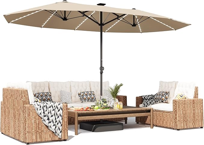 15ft Large Patio Umbrella with Solar Lights, Outdoor Double-Side Rectangular Umbrella with Base Included, Backyard Pool Umbrella with LED Light for Deck, Outside, Market, Beige