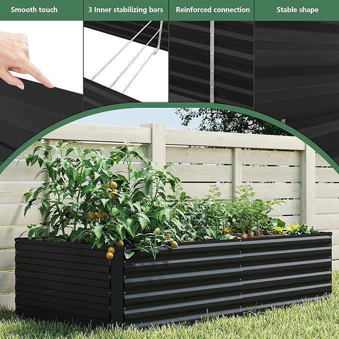 FOOWIN 4pcs 8x4x2ft Galvanized Raised Garden Bed, Planter Raised Garden Boxes Outdoor, Large Metal Raised Beds for Gardening, Garden Bed for Vegetables, Flowers, Herb,478 Gallon Capacity, Black