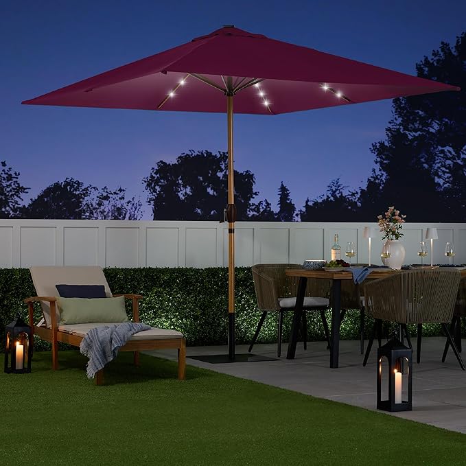 Best Choice Products 9ft Deep Square Solar Powered LED Lighted Patio Umbrella w/Woodgrain Pattern, UV-Resistant Fabric, Hand Crank - Burgundy