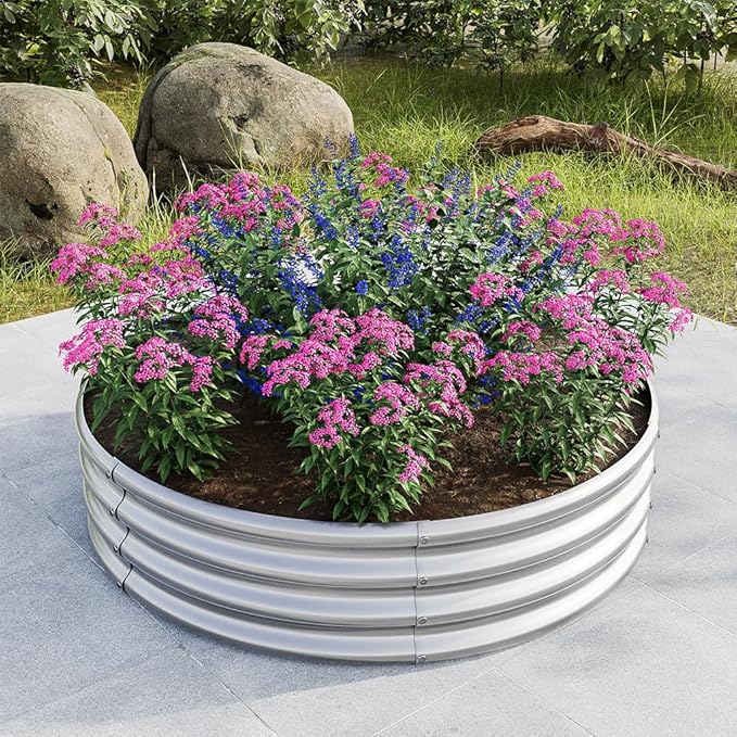 Round Galvanized Raised Garden Bed kit, Steel Fire Pit Ring Flower Planter Metal Above Ground Boxes Kit Patio Ground Planter for Planting Vegetables and Herb,Silver,47.2"×11.4"