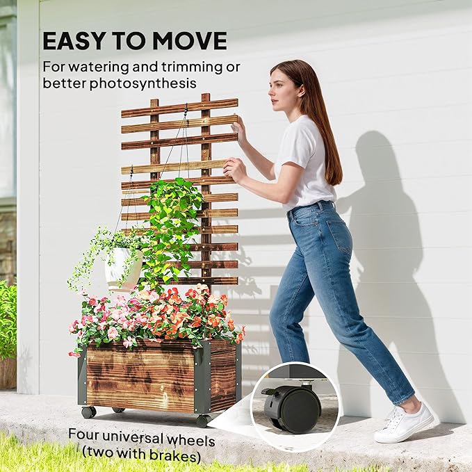 Outsunny Raised Garden Bed with Trellis, 58" Outdoor Wooden Planter Box with Wheels, Bed Liner, for Vine Plants Flowers Climbing and Planting, Brown