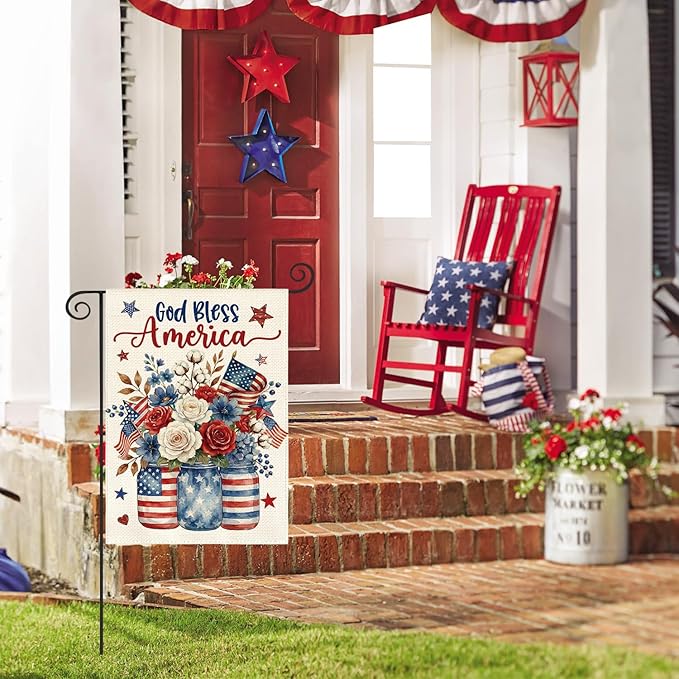 AVOIN colorlife God Bless America Mason Jar Patriotic Garden Flag 12x18 Inch Double Sided Outside, 4th of July Memorial Day Stars and Stripes Floral Yard Outdoor Decoration