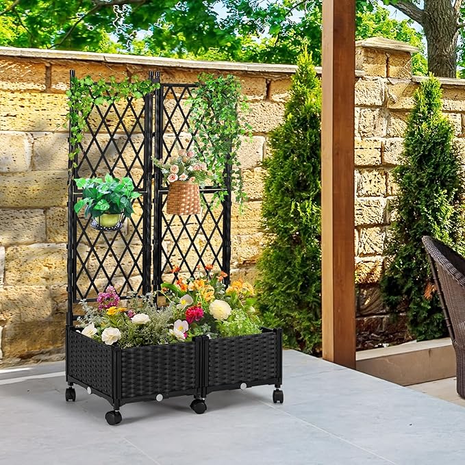 Planter Box with Trellis, 4ft Tall Self-Watering Plastic Raised Garden Beds and Lattice Trellis with Lockable Wheels & Drain Plug for Outdoor Patio Backyard Balcony, Black, 2 Pcs