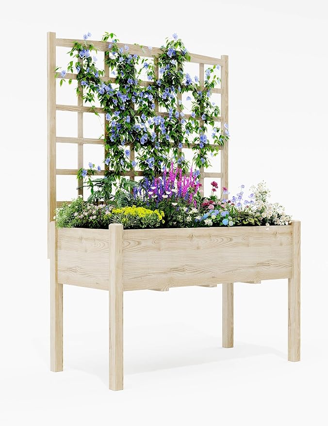 Wooden Raised Garden Bed with Trellis, 46.46x23.23x65.35IN Elevated Planter Box with Legs for Climbing Plants, Vegetables & Flowers