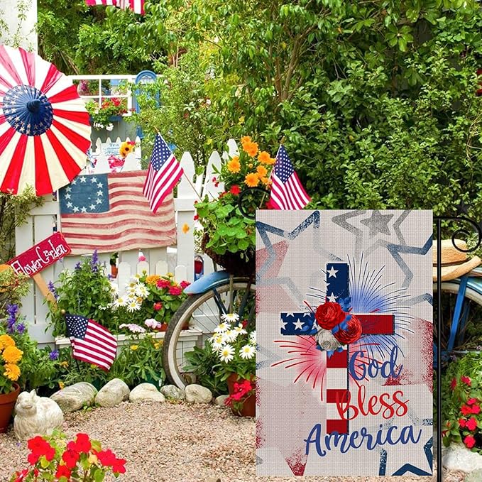 God Bless America Stars and Stripes Garden Flag, Memorial Day 4th of July Patriotic Lily Cross Yard Outdoor Decoration 12x18 Inch Double Sided