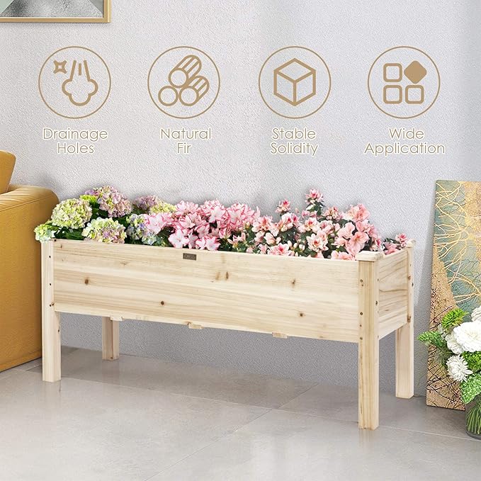Giantex Raised Garden Bed, Wood Planter Box with Legs, Drain Holes, Elevated Garden Bed for Vegetables, Standing Garden Container Planter Raised Beds for Backyard, Patio