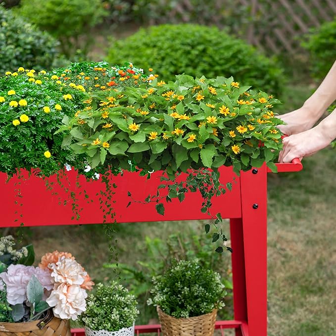 Sophia & William Planter Raised Beds with Legs and Wheels, Outdoor Metal Planter Box Elevated Garden Bed with Lower Shelf for Vegetables Flower Herb, Red