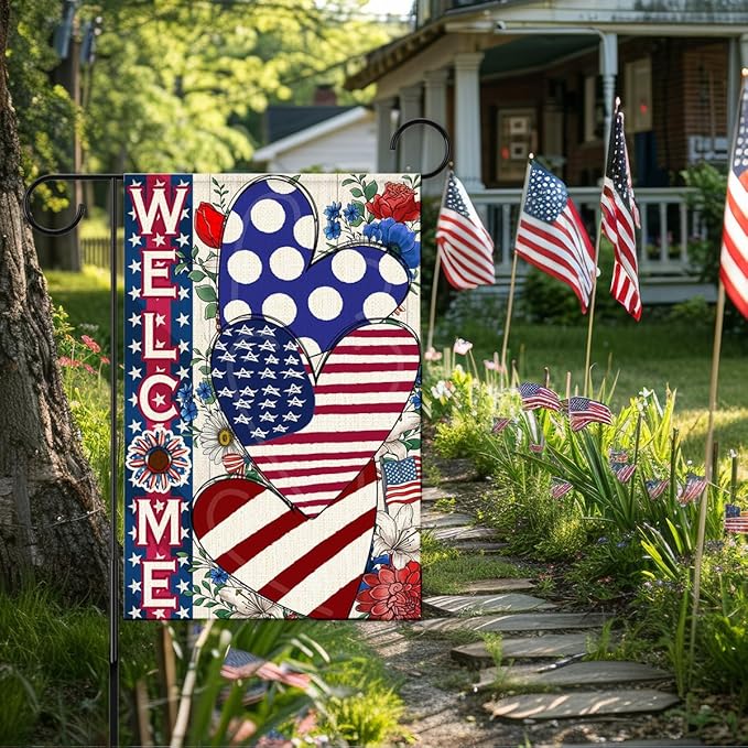 Independence Day Garden Flag for Outside,4th of July Patriotic Welcome Yard Flags,American Stars and Stripes Love Heart Memorial Day Lawn Porch Outdoor Decor 12x18 Double Sided