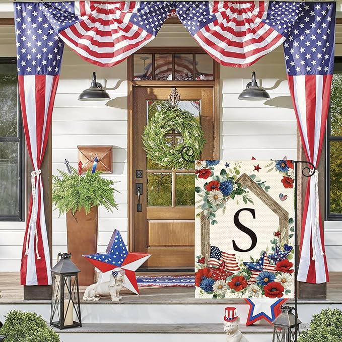 AVOIN colorlife Initial Letter S Monogram Patriotic Garden Flag 12x18 Inch Double Sided Outside, 4th of July Memorial Day Floral Family Last Name Yard Outdoor Decoration