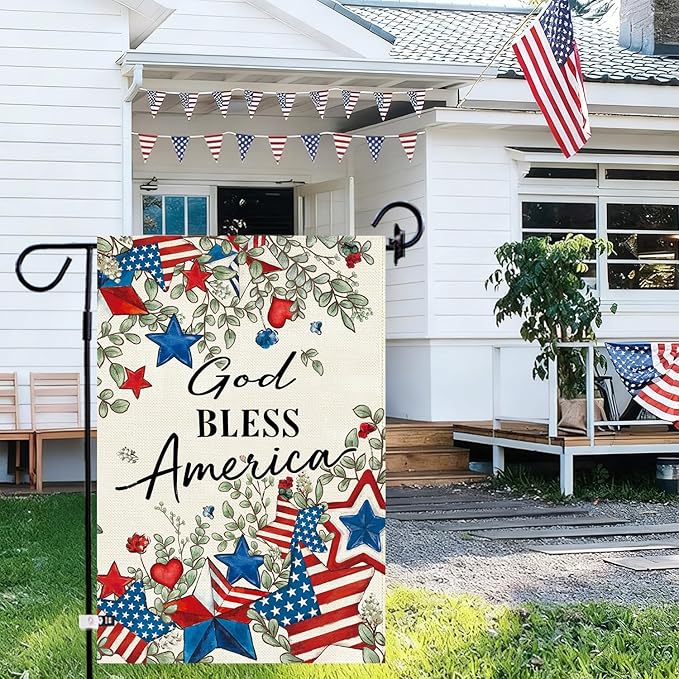 Baccessor Patriotic Garden Flag 12.5 x 18 Inch, Double Sided Burlap 4th of July Memorial Day Stars Floral Welcome Small Yard Flag for Porch Patio Seasonal Holiday Outdoor Outside Decor