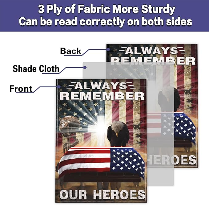 Always Remember Our Heroes Garden Flag 12x18 Inch Memorial Day Garden Flag 3ply Polyester Double Sided Print 4th of July Independence Day Veterans Day Garden Flags for House Indoor Yard Outdoor Holiday Patriotic Decor
