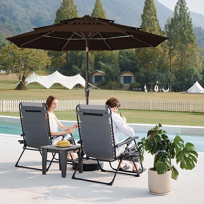 JEAREY 9FT 3 Tier Patio Umbrella Outdoor Market Umbrella Table Umbrellas with Button Tilt and Crank UV Protection Outside Garden Pool Umbrella,Coffee