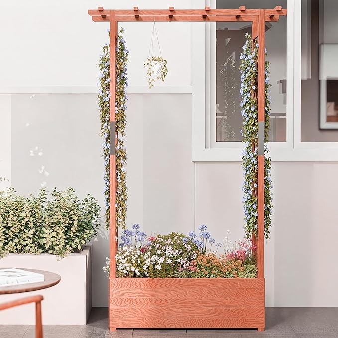 Raised Garden Bed with Trellis, Wood Planter Box with Hanging Roof, Side Trellis, 4 Drainage Holes, Elevated Garden Bed for Outdoor Climbing Plants, Vines, Patio 43.3''x17.3''