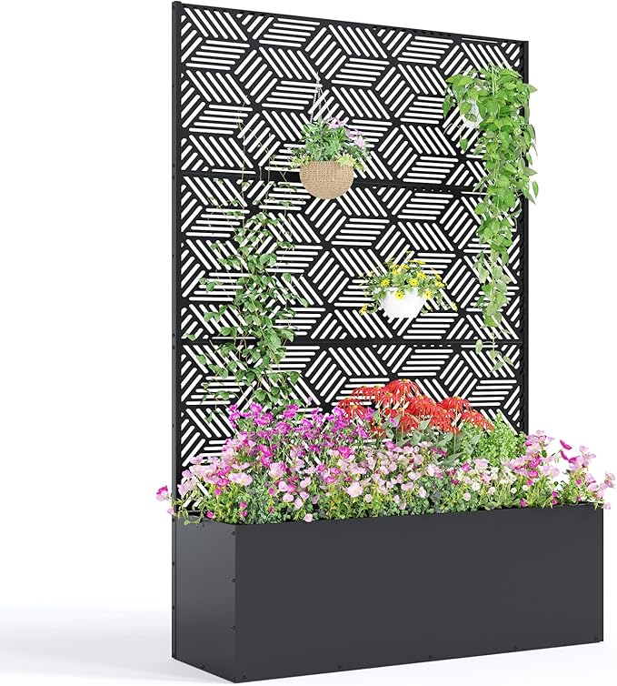 Garvee Metal Raised Garden Bed with Trellis, 71"x47"x16" Metal Planter Box with Trellis Privacy Screen for Climbing Plants, Vegetable, Vines, Drainage Holes, 15.8" Deep Planting Bed, Black