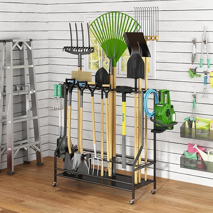 GILLAS Garden Tool Organizer for Garage, Utility Storage Racks with Hooks, Metal Yard Tool Stand Holder Organizer for Long-Handled, Broom, Shovel, Rake, Sturdy Heavy Rack for Outdoor, Yard, Black
