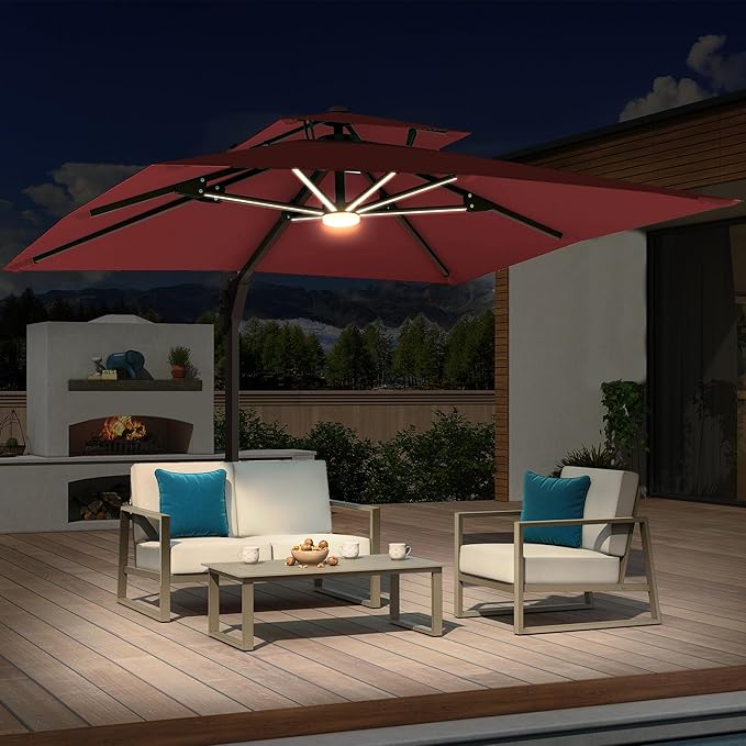 10x10 FT Cantilever Patio Umbrella with Base and Led Lights Double Top Outdoor Square Large Heavy Duty Aluminum Offset Umbrellas with 7 Level Tilt 360-degree Rotation for Pool Garden Deck, Wine Red