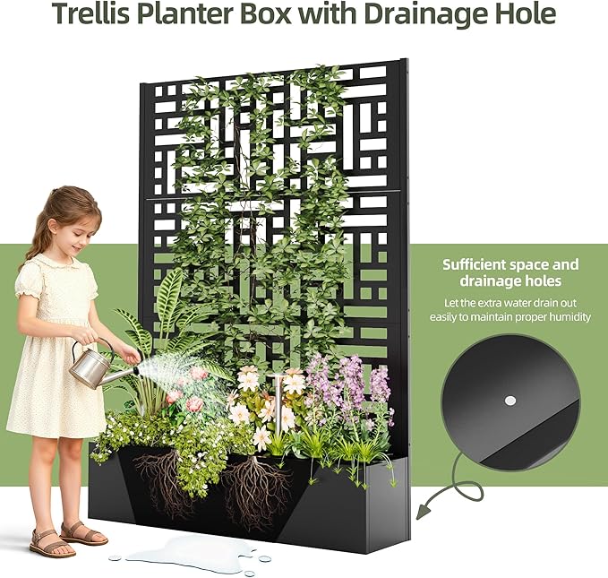 Metal Planter with Trellis, 70" x 43.3" x 16" Metal Raised Garden Bed, Planter Box with Trellis Privacy Screen, Planter Box for Climbing Plants, Flowers, Vegetables, Fruits (1)
