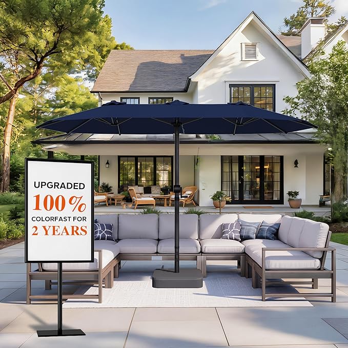 15ft Large Patio Umbrella with Solar Lights, Outdoor Double-Side Rectangular Umbrella with Base Included, Backyard Pool Umbrella with LED Light for Deck, Outside, Market, Navy