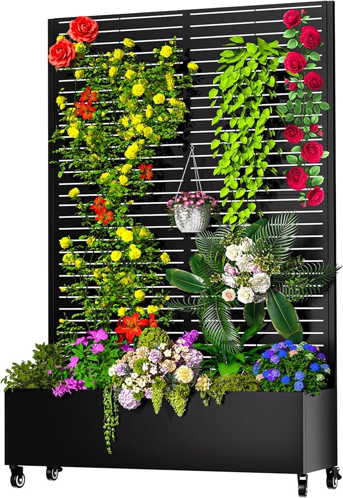 Metal Planter Box with Trellis, 72.1"x47.2"x16" Outdoor Galvanized Raised Garden Bed with Privacy Screen & Drainage Holes & Lockable Casters for Climbing Plants, Vegetable (Louvered-Black1)